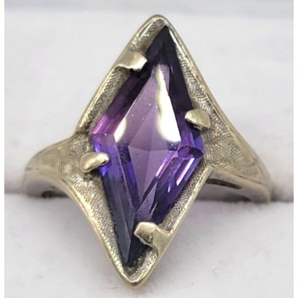 Purple Amethyst Blu-Ray Solitaire Ring 10K White Gold Size 5.80 Vintage Signed - Picture 1 of 17